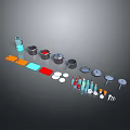 Everyday Household Supplies With Colorful Containers Plates Bottles And Tools