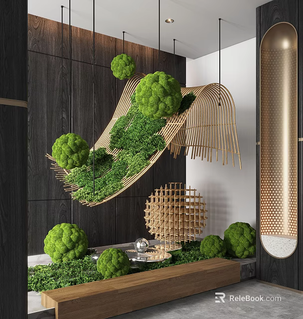 Indoor Garden Ornaments With Green Moss Hanging Spherical Plants Woven Balls And Wooden Frame 3d model 