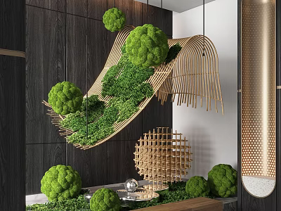 Indoor Garden Ornaments With Green Moss Hanging Spherical Plants Woven Balls And Wooden Frame 3d model