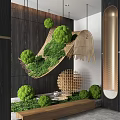 Indoor Garden Ornaments With Green Moss Hanging Spherical Plants Woven Balls And Wooden Frame
