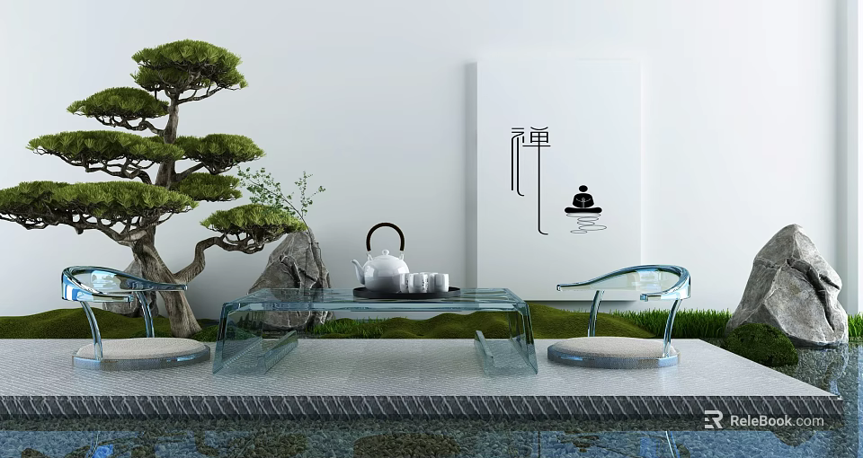 Zen Inspired Glass Tea Table and Chairs with Pine Tree Stone Tea Set and Serene Courtyard 3d model 