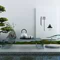 Zen Inspired Glass Tea Table and Chairs with Pine Tree Stone Tea Set and Serene Courtyard