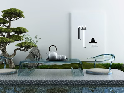 Zen Inspired Glass Tea Table and Chairs with Pine Tree Stone Tea Set and Serene Courtyard 3d model