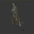 Handcrafted Bird Sculpture With Vibrant Blue Brown Feathers On Neutral Gray Background
