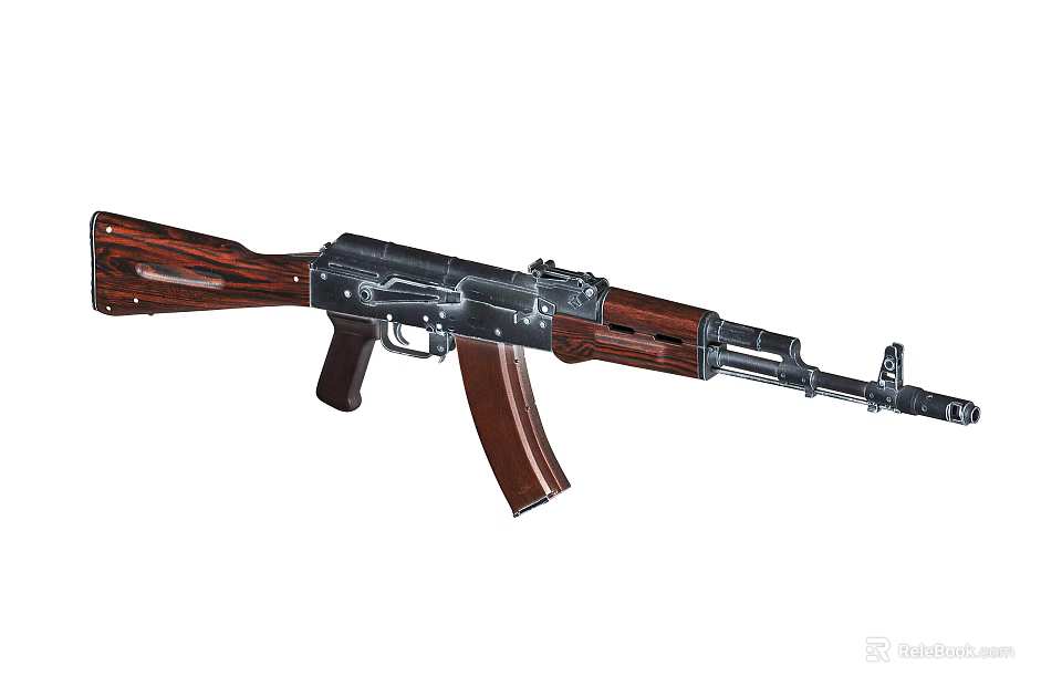 AK47 Assault Rifle With Wooden Stock Black Metal Barrel And Magazine 3d model 