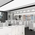 Modern Conference Room Interior With White Tables Chairs And Display Area