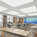 Modern Conference Room With Round Tables White Chairs Large Screen Windows And Wooden Walls