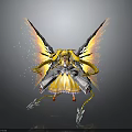 Futuristic Fantasy Female Character With Golden Hair Yellow Orange Mechanical Wings And Silver Spikes