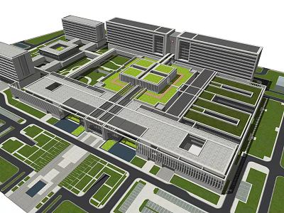 Large Modern Hospital Complex With Green Spaces And Courtyard Layout Design 3d model