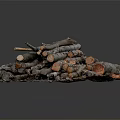 Natural Stacked Wooden Logs And Branches On Stone Base With Rustic Texture