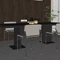 Modern Dining Table Set With Black Tabletop Silver Metal Chairs Wooden Wall And Green Plant