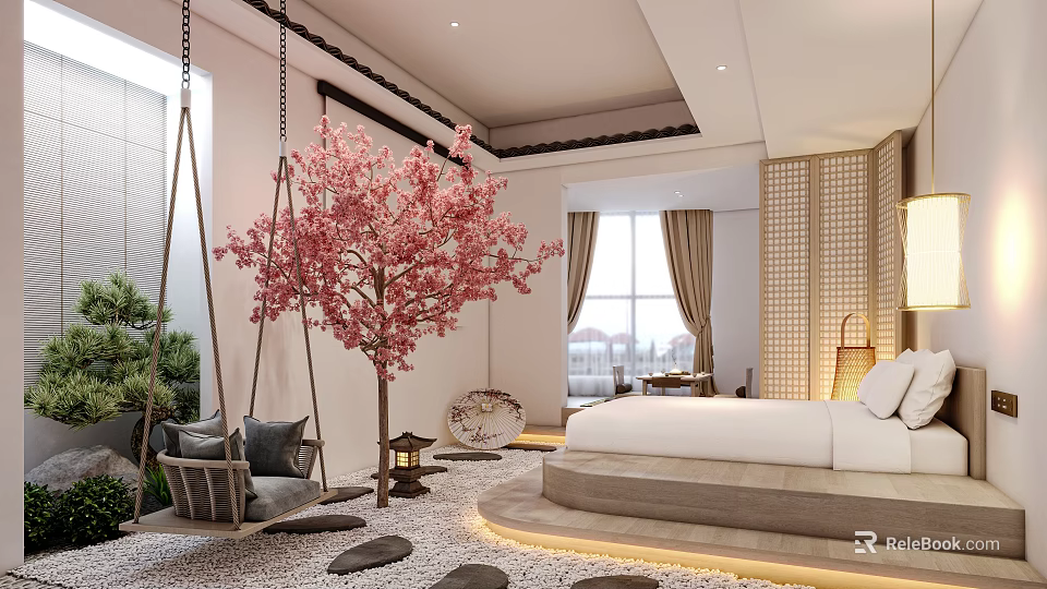 Serene Hotel Room With Swing Chair Pink Cherry Blossom Tree Stone Path And Large Bed 3d model 