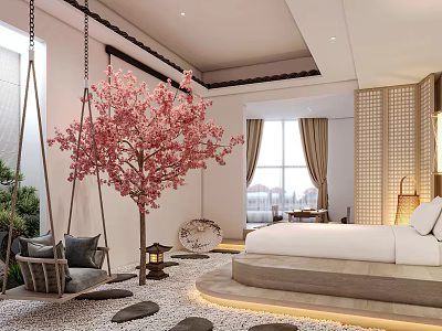 Serene Hotel Room With Swing Chair Pink Cherry Blossom Tree Stone Path And Large Bed 3d model