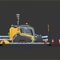 Detailed Yellow Bulldozer Miniature Model Scene With Road Traffic Cones And Street Lamp
