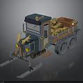 Cartoon Snow Truck with Blue Orange Design Tracks Skis and Loaded Yellow Items