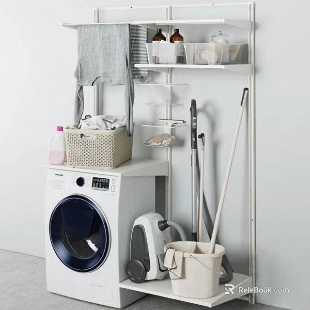 Modern Washing Machine in Laundry Room With Storage Shelf Laundry Basket Clothes and Cleaning Tools 3d model 