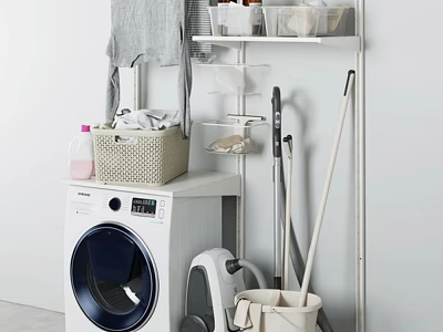 Modern Washing Machine in Laundry Room With Storage Shelf Laundry Basket Clothes and Cleaning Tools 3d model
