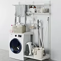 Modern Washing Machine in Laundry Room With Storage Shelf Laundry Basket Clothes and Cleaning Tools