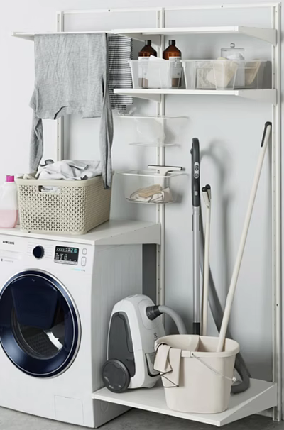 Modern Washing Machine in Laundry Room With Storage Shelf Laundry Basket Clothes and Cleaning Tools 3d model