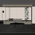 Modern Living Room Interior Design With Beige Sofa Round Coffee Table Rug And Decorative Wall