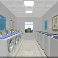 Modern Laundry Room With Row Of Washing Machines Wall Posters Plants Window And City View