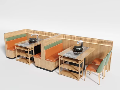 Public Chairs In Modern Café Setting With Wooden Booth Seating And Marble Tabletop 3d model