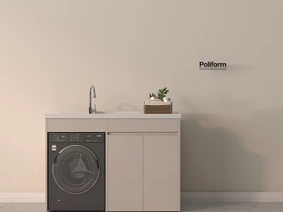 Modern Poliform Bathroom Cabinet with Beige Cabinets Gray Washing Machine Sink and Small Potted Plant 3d model