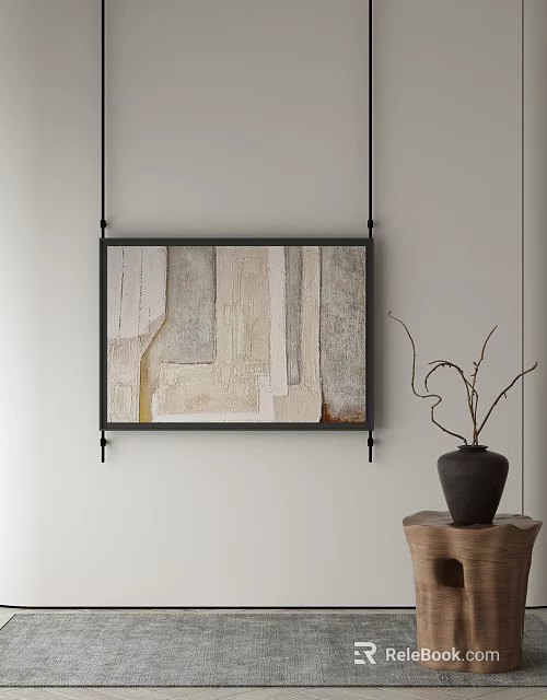 Abstract Wall Painting With Black Frame And Black Vase On Wooden Table 3d model 
