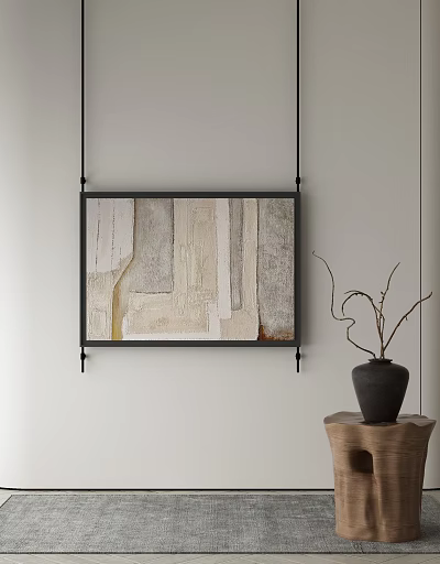 Abstract Wall Painting With Black Frame And Black Vase On Wooden Table 3d model