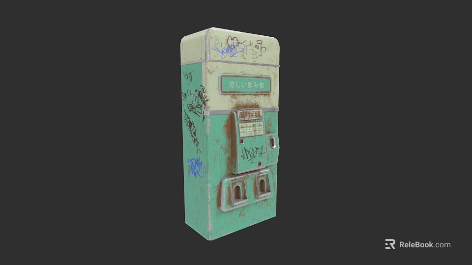 Vintage Rusty Green And White Commercial Equipment With Graffiti Coin Slots And Display Panel 3d model 