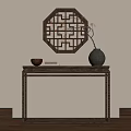 Traditional Chinese Decorative Arrangement With Octagonal Lattice Vase Wooden Table Bowl And Book