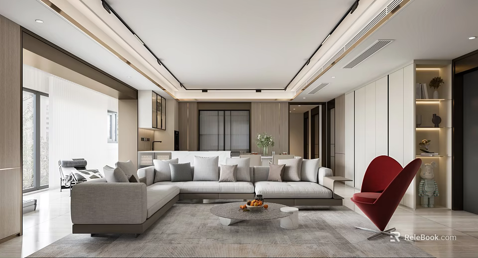 Modern Dining and Living Room With Gray Sofa Red Accent Chair Wooden Cabinets And Natural Light 3d model 