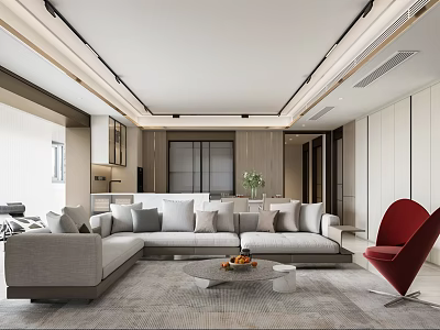 Modern Dining and Living Room With Gray Sofa Red Accent Chair Wooden Cabinets And Natural Light 3d model