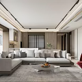 Modern Dining and Living Room With Gray Sofa Red Accent Chair Wooden Cabinets And Natural Light