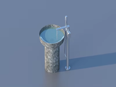 Stone Circular Basin With Silver Metal Faucet And Flowing Water On Gray Background 3d model
