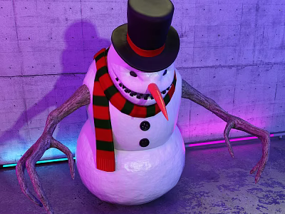Snowman Doll With Black Top Hat Red Green Striped Scarf Carrot Nose And Twig Arms 3d model