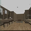 Modern Bathroom Interior Design With Person In Bathrobe Wooden Cabinets And Mirrors