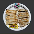 Crispy Fried Dumplings Served On White Plate With Yellow Sauce Packet And Colorful Small Card