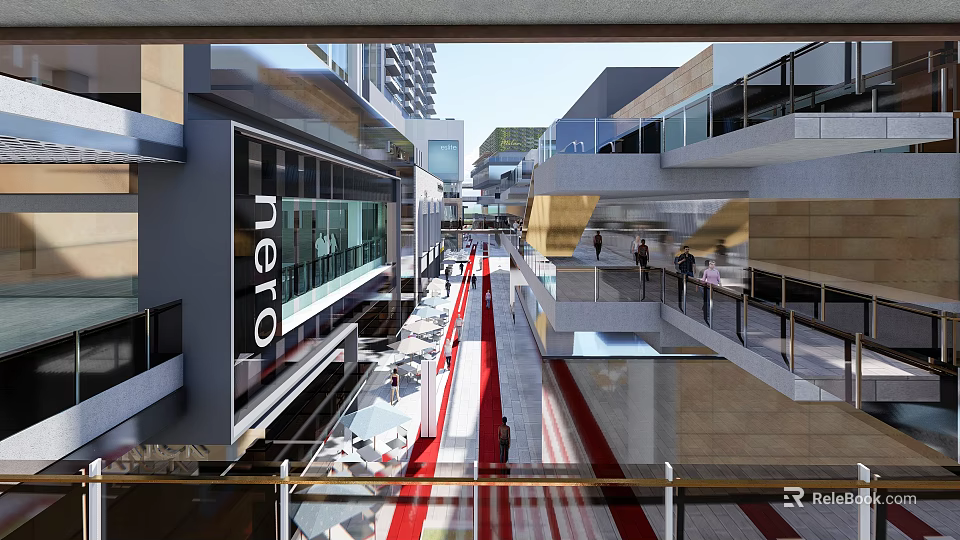 Modern Commercial Street With Pedestrians Red Pavement And Multi level Buildings 3d model 