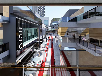 Modern Commercial Street With Pedestrians Red Pavement And Multi level Buildings 3d model