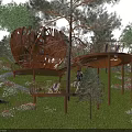 Unique Spherical Wooden House in Forest with Trees Grass Walkway and Pool Platform
