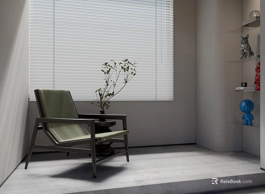 Green Leisure Chair with Small Potted Plant by Window Blinds White Wall and Decorative Shelf 3d model 