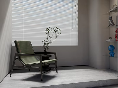 Green Leisure Chair with Small Potted Plant by Window Blinds White Wall and Decorative Shelf 3d model