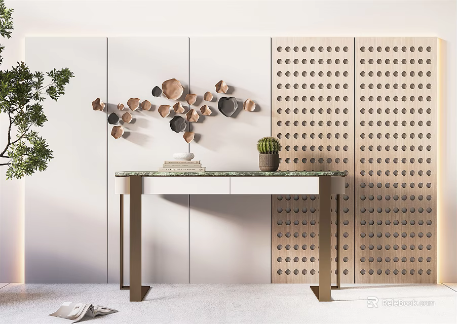 Modern Console Table With Marble Top Decorative Items Against White And Wooden Perforated Wall 3d model 