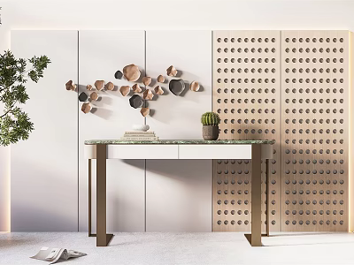 Modern Console Table With Marble Top Decorative Items Against White And Wooden Perforated Wall 3d model