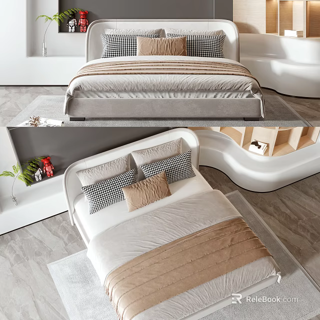 Modern Double Bed With Beige Bedspread Checkered Pillows And White Frame 3d model 