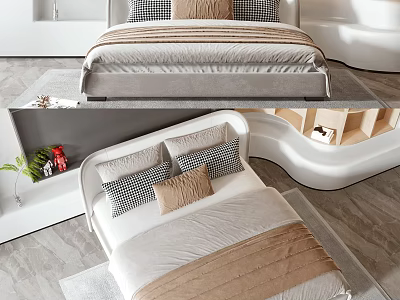 Modern Double Bed With Beige Bedspread Checkered Pillows And White Frame 3d model