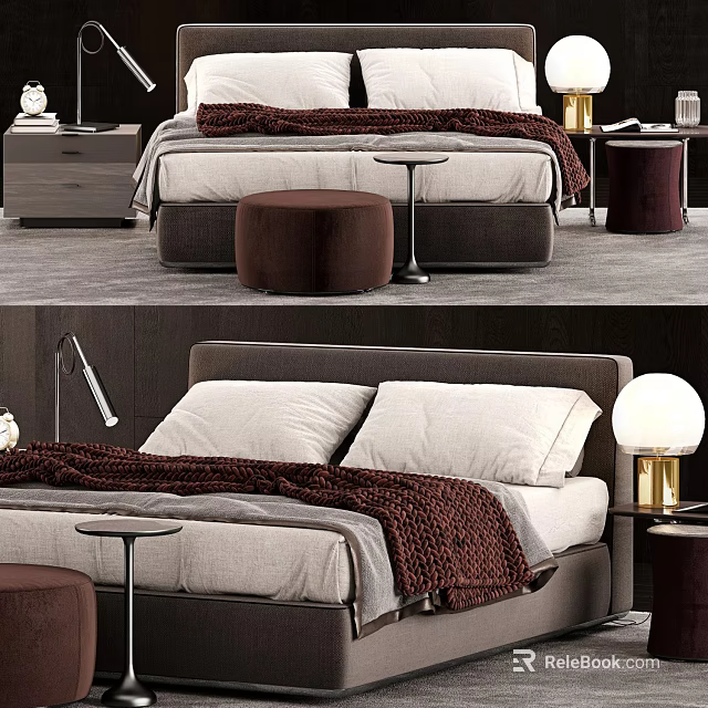 Elegant Modern Double Bed Bedroom With Blanket Stool Bedside Table And Lamp 3d model