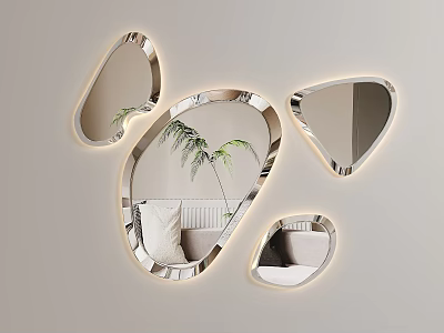 Irregular Shaped Wall Mirrors With LED Lights Reflecting Sofa And Plants In Modern Living Room 3d model