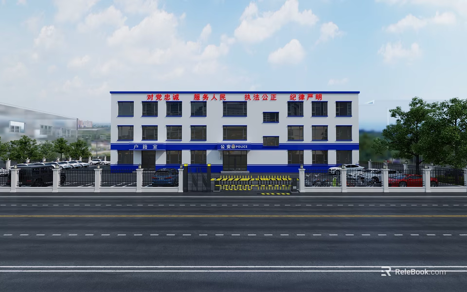 Aerial View of White Office Building With Blue Accents Along Road Trees and White Clouds 3d model 